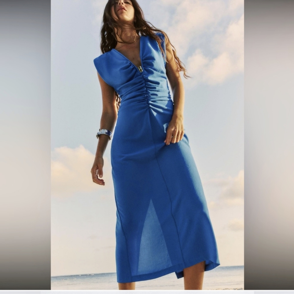 Zara Sleeveless Blue Crepe Midi Dress L